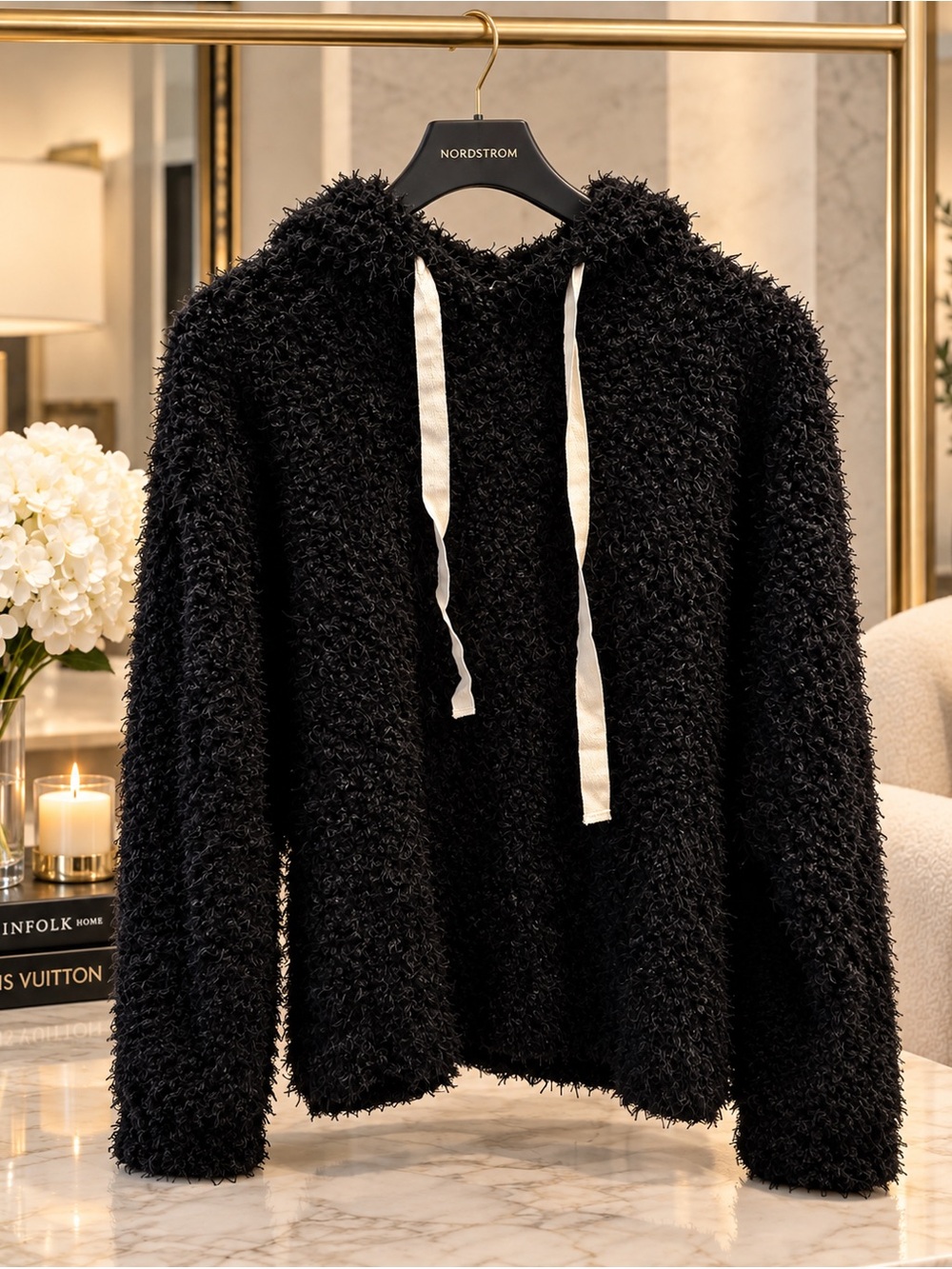 Nordstrom BP Black Teddy sweatshirt with hood and White Drawstrings